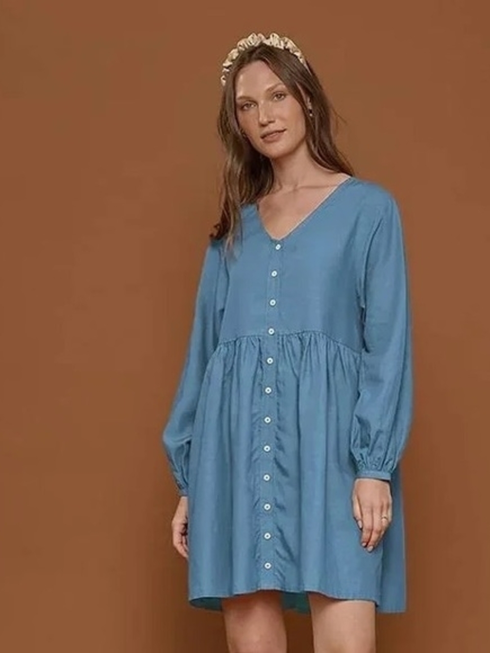 Tradlands Remi Blue Button-Front V-Neck Mini Dress